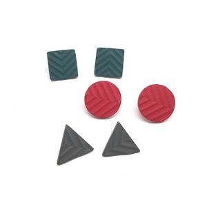 80s Green Square Stud, Red Circle Stud and Grey Triangle Stud Earrings Set, NEW